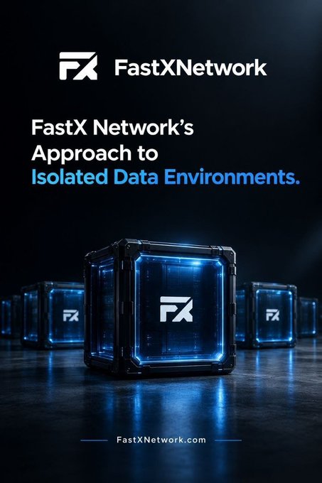 A promotional graphic for 'FastXNetwork' with the tagline 'FastX Network's Approach to Isolated Data Environments,' showing glowing blue server cubes with the FX logo on a dark background, and 'FastXNetwork.com' at the bottom.