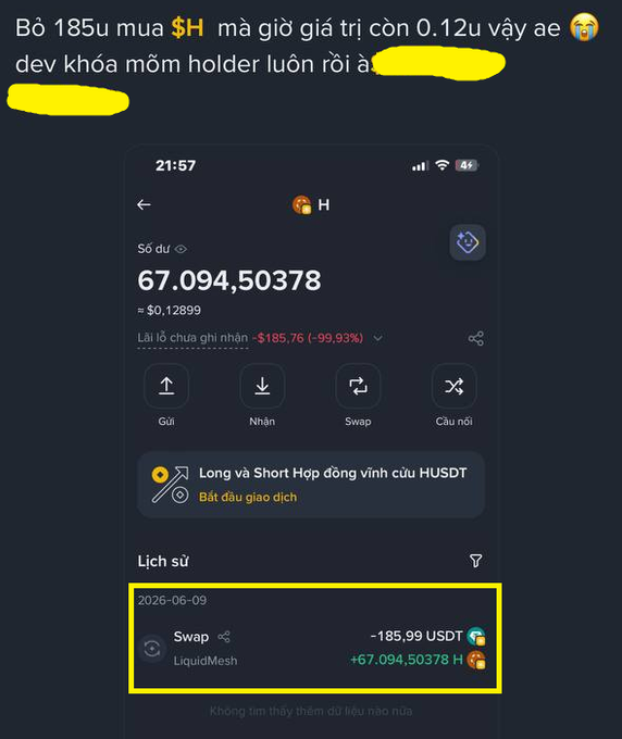 The image shows a screenshot of a cellphone screen displaying the details of a cryptocurrency transaction. The text on the screen is in Vietnamese, and there are two different versions displayed side by side - one with a darker shade and another with a lighter hue.

In addition to the transaction details, there's an interesting post from someone named "Lucky." They wrote about the difference between liquid assets and etherium tokens or what it means if someone says that they're rich in Etherium. The image also includes various other names such as "Long Short Short Hodft," "Bottled Liquid Assets," and a symbol representing the word "Swap."