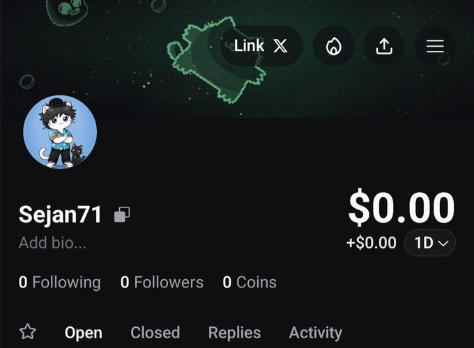 A screenshot of a social media profile for user "Sejan71" showing $0.00 balance with 0 followers, following, and coins.