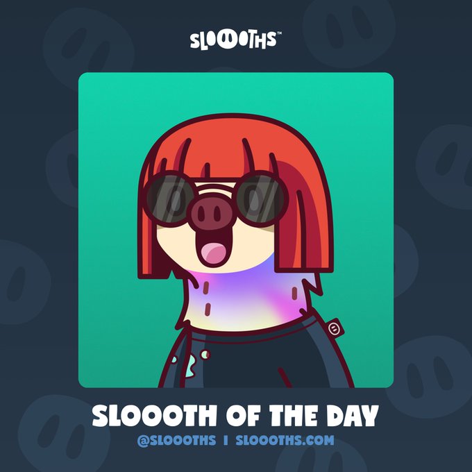 A digital illustration titled 'SLOOOTH OF THE DAY' from the Sloooths NFT collection, featuring a cartoon character with red hair, sunglasses, and a rainbow top against a teal background, with handles @sloooths and sloooths.com.