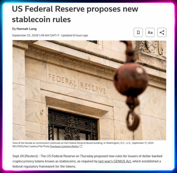 A news article headline reads 'US Federal Reserve proposes new stablecoin rules' by Hannah Lang, dated September 25, 2026, featuring an image of the Federal Reserve building.