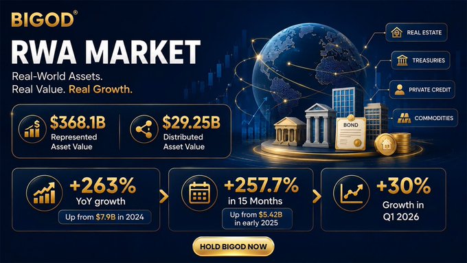 A promotional graphic for "BIGOD RWA MARKET" highlighting the explosive growth of Real-World Assets, displaying key statistics including $368.1B in represented asset value, $29.25B distributed, +263% YoY growth, +257.7% in 15 months, and +30% growth in Q1 2026, with categories like Real Estate, Treasuries, Private Credit, and Commodities. The image visually reinforces the post's message that RWA is rapidly emerging as a transformative force in global finance.