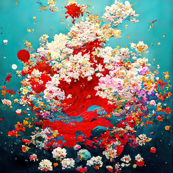 A vibrant abstract painting bursts with thick impasto strokes of red, white, pink, and yellow flowers exploding against a turquoise-blue background, creating a sense of chaotic floral energy. The dynamic, textured composition visually echoes the "Otherworldly 2" piece by Richard Nadler, evoking a dreamlike, otherworldly garden in full bloom.