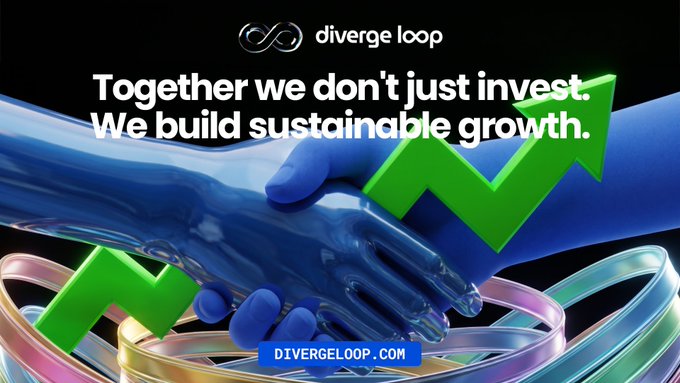 A promotional graphic for 'diverge loop' featuring two blue 3D hands shaking, a rising green arrow, and the text 'Together we don't just invest. We build sustainable growth.'