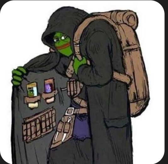 A digital illustration of Pepe the Frog character dressed in a dark hooded cloak and large backpack, displaying the contents of his cloak pockets.