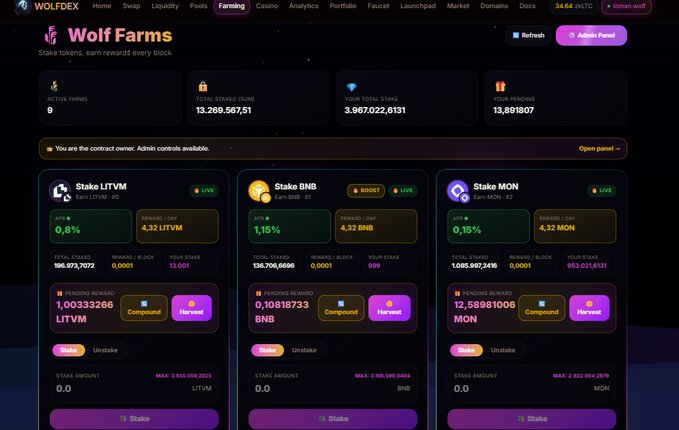 WolfDex Wolf Farms staking interface displaying options to stake LITVM (0.8% APR), BNB (1.15% APR), and MON (0.15% APR).