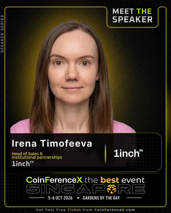 A "Meet the Speaker" promotional graphic featuring a headshot of Irena Timofeeva, Head of Sales & Institutional Partnerships at 1inch, for CoinFerenceX Singapore taking place October 5-6, 2026 at Gardens by the Bay.