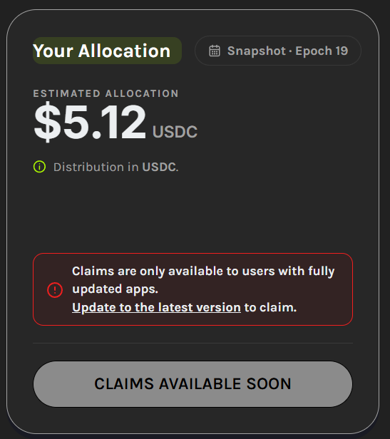 A dark interface showing 'Your Allocation' of $5.12 USDC, noting 'Snapshot · Epoch 19' and that claims are only available to users with fully updated apps.
