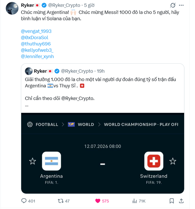 A screenshot of a Twitter post by @Ryker_Crypto congratulating Argentina and Messi for their victory over Switzerland, tagging five users (@vengat_1993, @0xDoraSol, @thuthuy696, @kellyofweb3_, @Jennifer_xynh) as winners of a $1,000 prize for correctly predicting the match score, with an embedded image showing the Argentina vs Switzerland World Championship Playoff fixture.