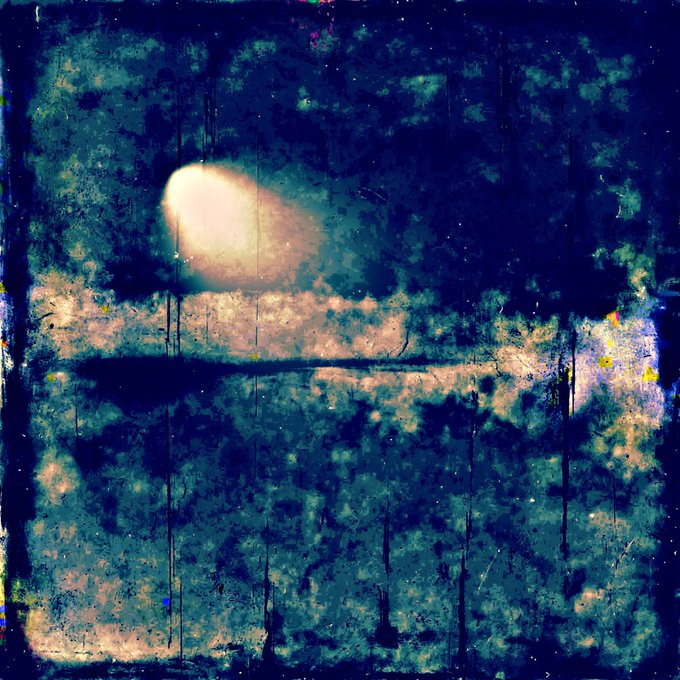 A dark, grungy textured image with deep blue and teal tones featuring a glowing orb light in the upper left and horizontal streaks of pale color across the middle, resembling an abstract night scene with scratches and distressed effects.