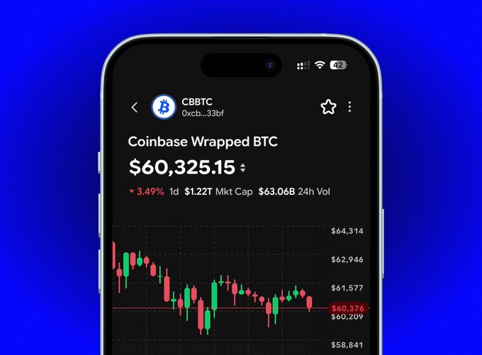 The image features a cellphone displaying a cryptocurrency trading app with a line chart indicating the price of Bitcoin. The main focus is on the chart, showing a downward trend in the value of Bitcoin over time. This could be an indicator that investors should be cautious or aware of current market fluctuations before investing in cryptocurrencies like Bitcoin.