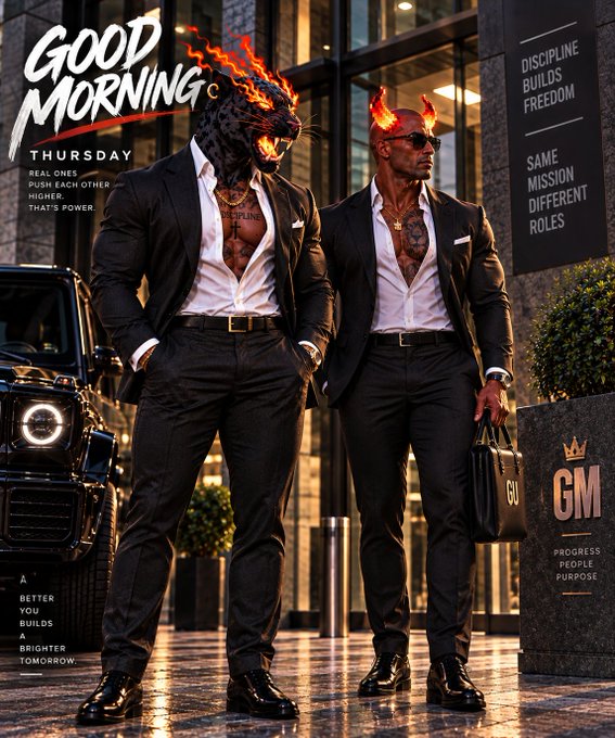 Motivational 'Good Morning Thursday' graphic featuring two men in black suits with flaming panther and demon heads, alongside 'GM' branding and text about discipline and progress.