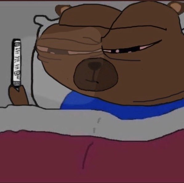 A cartoon bear lies in bed with half-closed eyes, holding up a phone displaying a WeChat conversation.