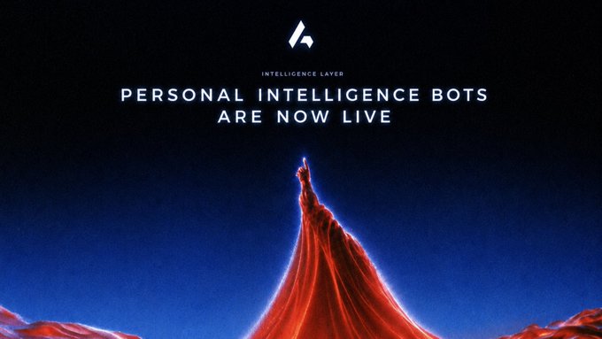 A promotional announcement for Intelligence Layer displays the text "PERSONAL INTELLIGENCE BOTS ARE NOW LIVE" above a dramatic volcanic mountain illustration, symbolizing the powerful launch of their new feature. The imagery of an erupting peak aligns with the post's message about a major platform upgrade delivering sub-second on-chain alerts as the service scales to massive user capacity.