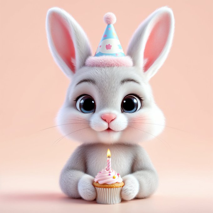 A cute 3D-rendered cartoon white bunny with large blue eyes wearing a small party hat, holding a pink-frosted cupcake with a single lit candle against a soft pink background.
