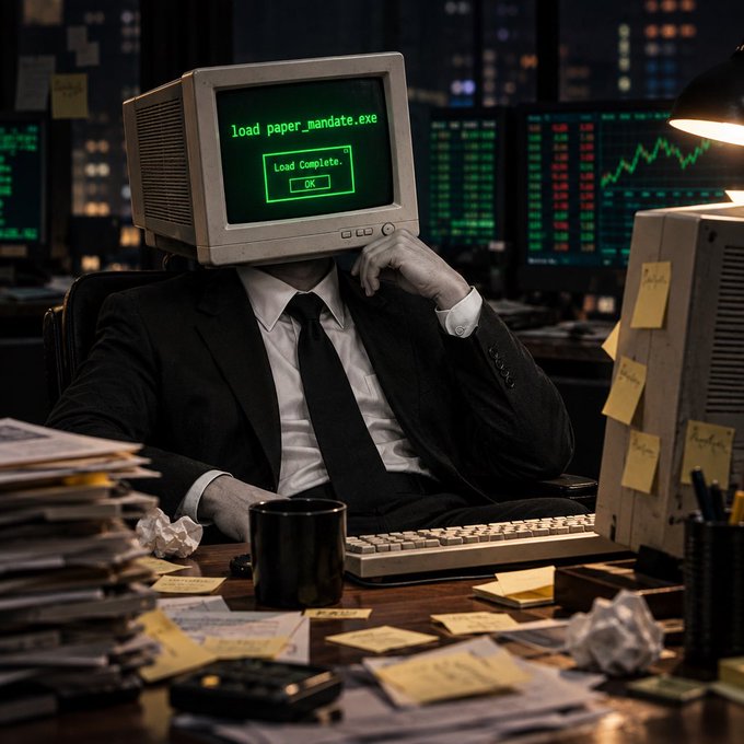 Surreal AI-generated image of a suited businessman sitting at a cluttered desk with sticky notes and papers, but with an old CRT computer monitor for a head displaying 'load paper_mandate.exe' and a 'Load Complete. OK' dialog box.