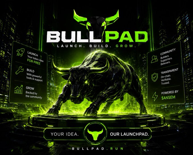 A promotional graphic for 'BULLPAD' (bullpad.run), a crypto launchpad platform powered by Sansem, with the tagline 'LAUNCH. BUILD. GROW.' and featuring a glowing green mechanical bull.