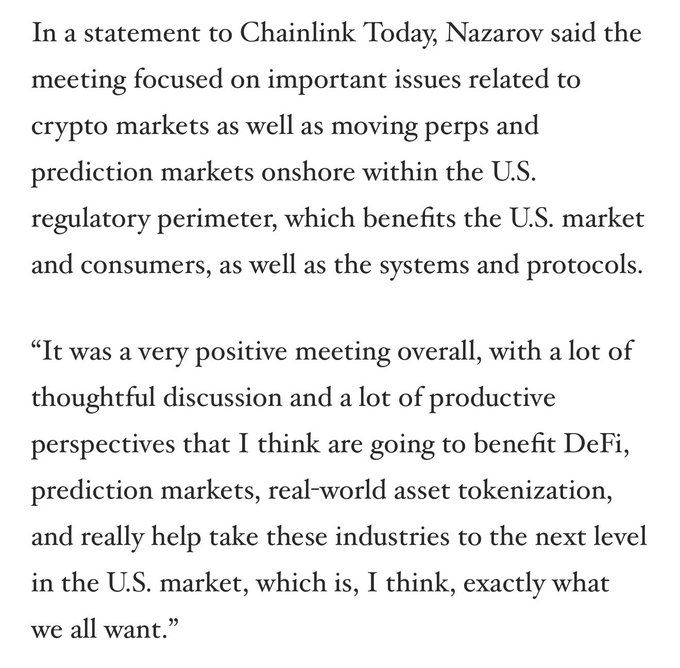 A text excerpt quoting Nazarov speaking to Chainlink Today about a meeting focused on crypto markets, moving perps and prediction markets onshore within the U.S., and benefiting DeFi, prediction markets, and real-world asset tokenization.