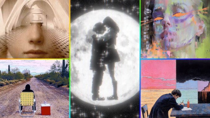 A collage of surreal, artistic images featuring a face blended with stairs, a silhouetted couple embracing in front of a glowing moon, an abstract face, and a person sitting alone by a desert road.