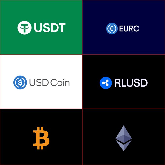 A grid displaying logos for six cryptocurrencies/stablecoins: USDT, EURC, USD Coin, RLUSD, Bitcoin (₿), and Ethereum (Ξ).