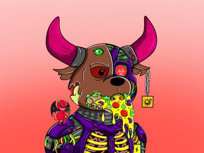 A digital illustration of a cyborg dog with pink horns, a green glowing eye, and cybernetic armor, holding a slice of pizza dripping with green slime, with a small red devil character beside it.