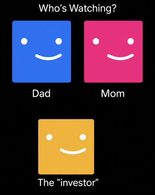 A 'Who's Watching?' streaming service interface showing profile icons labeled 'Dad', 'Mom', and 'The "investor"'.