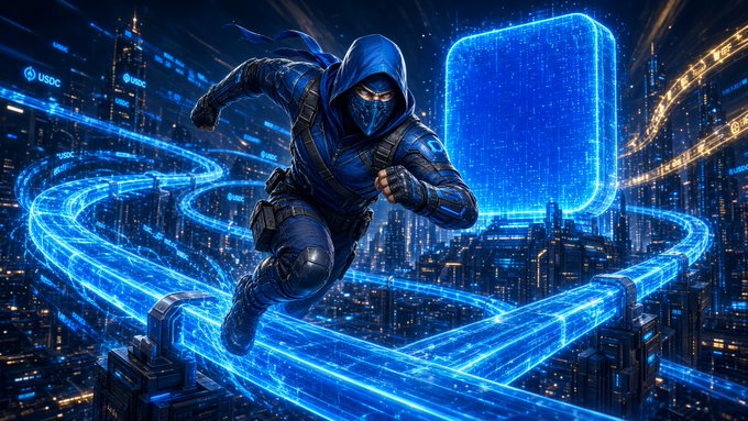 A digital artwork depicts a hooded ninja figure in blue armor leaping across glowing blue data streams in a futuristic cyberpunk cityscape featuring 'USDC' logos.