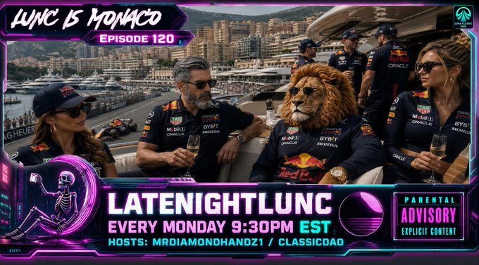 The image features a group of people, including two men wearing racing suits and one man dressed as a lion, sitting together at an event. The event appears to be related to the Late Night Lunc show, which has been described as a mix between a news program and a late-night talk show. The post also includes information about the show's hosts and the topic of discussion for that particular episode.