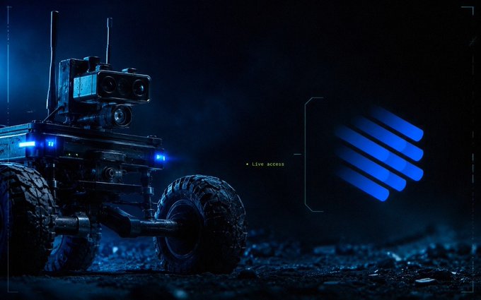 A dark, atmospheric image of a rugged robotic rover or vehicle on rocky terrain with blue lights, labeled 'Live access' alongside a stylized blue logo.