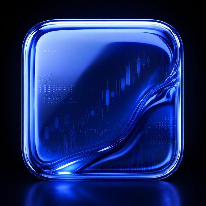 A glossy blue 3D icon/app tile featuring a candlestick stock chart design.