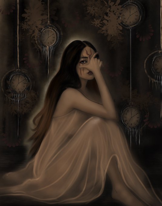 A digital illustration of a woman with long dark hair sitting in a dark, surreal setting surrounded by hanging clocks dripping like icicles.