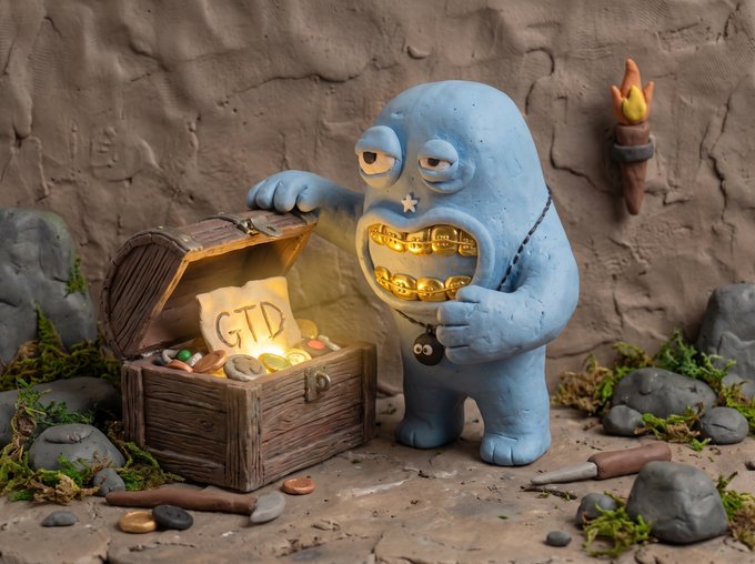 A blue claymation-style monster with golden teeth grins excitedly while opening a treasure chest labeled 'GTD' filled with gold coins, gems, and a glowing paper.