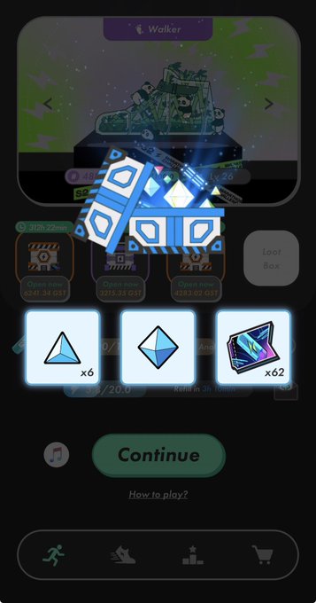 StepN app loot box opening screen for a Walker NFT showing rewards including crystals and a card (x62), with a 'Continue' button.
