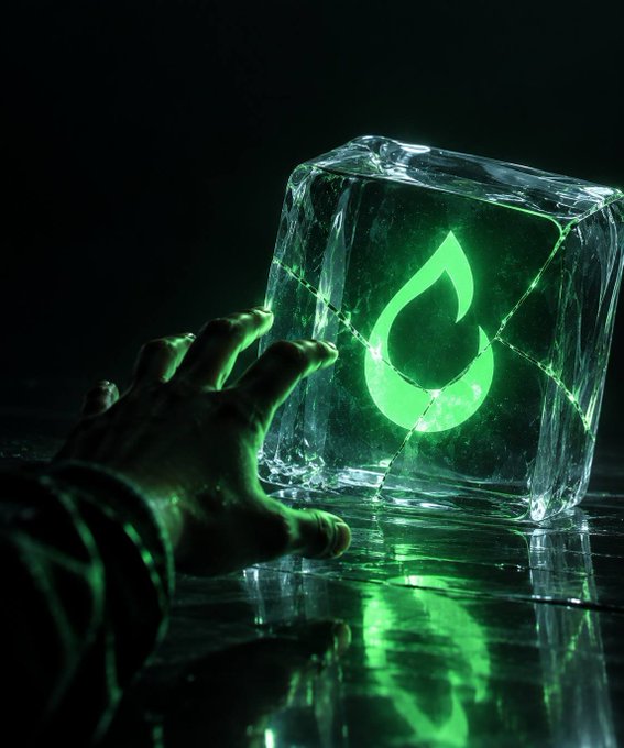 A dramatic digital artwork showing a hand reaching toward a cracked glowing ice cube containing a green flame symbol on a reflective dark surface.