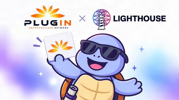 A collaboration graphic between 'PLUGIN Decentralised Network' and 'LIGHTHOUSE', showing a cartoon turtle in sunglasses holding up a card with the Plugin logo.