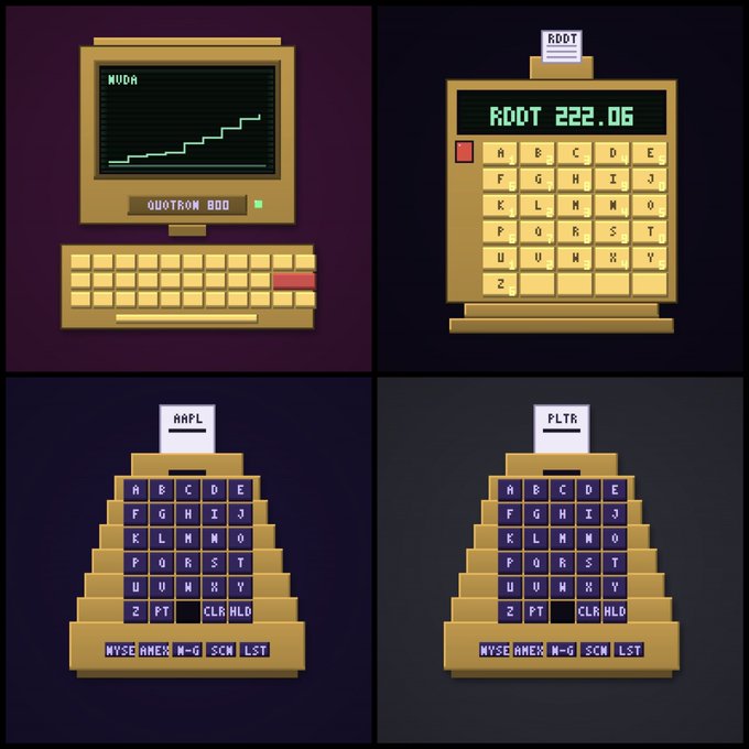 A four-panel illustration of pixel-art, retro-style computer interfaces and ticket machines, each with distinct keyboards and small paper receipts printing out, set against dark backgrounds.