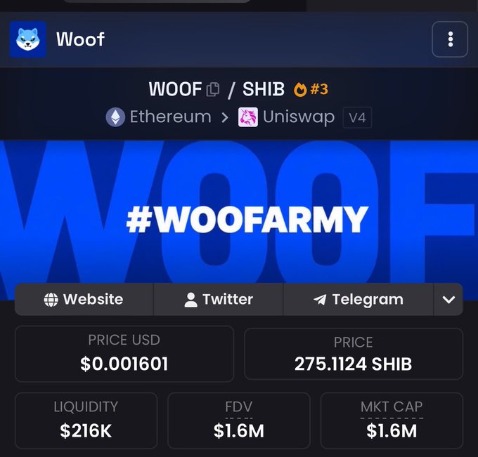 A cryptocurrency tracking interface displays details for the 'Woof' token, showing the ticker 'WOOF / SHIB #3' on Ethereum via Uniswap V4, with a price of $0.001601, liquidity of $216K, and the hashtag '#WOOFARMY'.