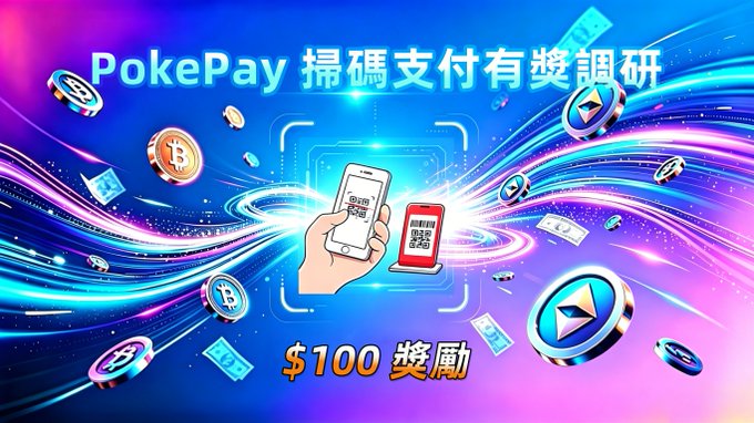 This image promotes the "PokePay Crypto QR Pay User Needs Survey" with a $100 reward, featuring Bitcoin and Ethereum coins alongside QR codes on phones, visually representing crypto payments.
