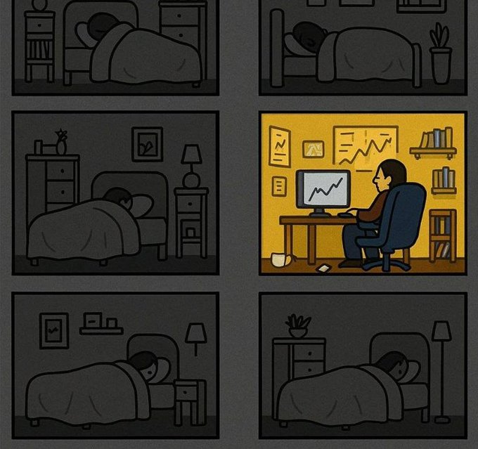 The image shows a six-panel grid where five panels depict dark, dimly lit bedrooms with people sleeping, while one bright yellow panel stands out showing an energetic person working productively at a computer desk with charts on the walls—visually representing the rare "luck" of having energy and motivation on most days.