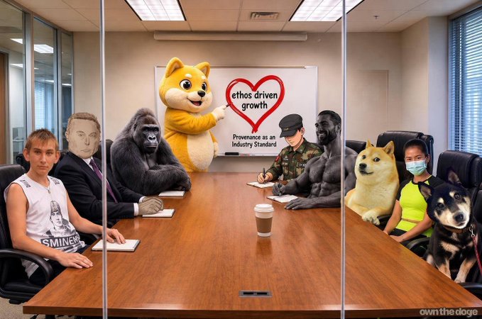 A boardroom scene of internet meme icons—including Doge, Pepe, and various Wojaks—gathered around a conference table featuring a whiteboard labeled "ethos driven growth / Provenance as an Industry Standard," visually framing the post's message about transforming viral moments into lasting cultural legacy.