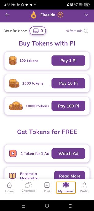 The image shows a "Fireside" app screen where users can buy tokens (100 for 1 Pi, 1000 for 10 Pi, 10000 for 100 Pi) or earn tokens for free by watching ads or becoming a moderator. This relates to the post about Pi smart contracts going live, as the token purchasing interface highlights the growing utility and economic activity expected on the Pi network.
