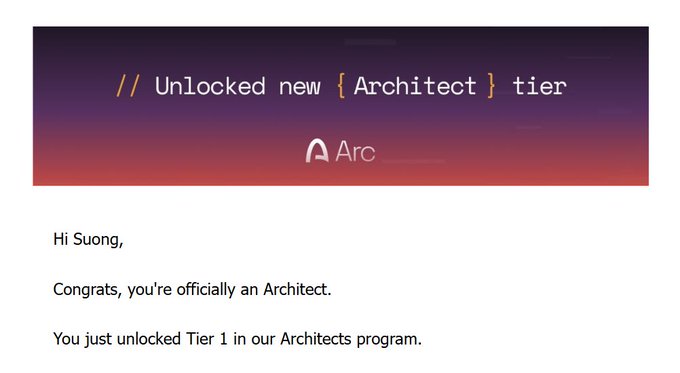 An email notification from Arc congratulating Suong for unlocking Tier 1 in the new 'Architect' tier program.