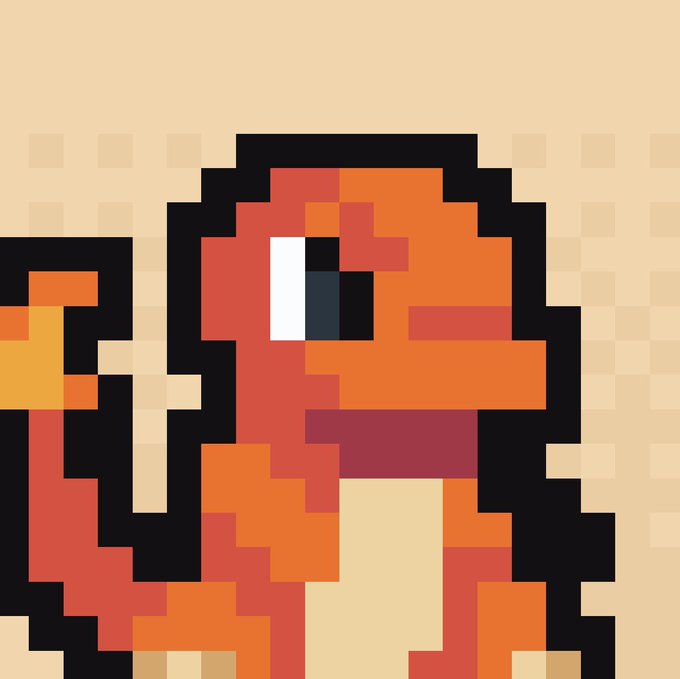 A close-up pixel art animation of an orange Charmander-like creature with a large eye and red detailing on a beige tiled background.