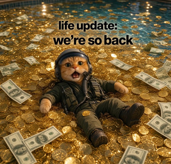 A humorous AI-generated image of a cat dressed as a fighter pilot in a pool filled with gold coins and cash, with the text 'life update: we're so back'.
