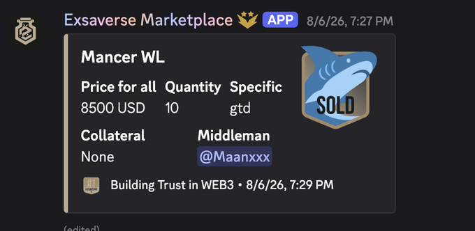 An Exsaverse Marketplace listing for 'Mancer WL' shows a total price of 8500 USD for a quantity of 10, handled by middleman @Maanxxx, with a 'SOLD' badge.