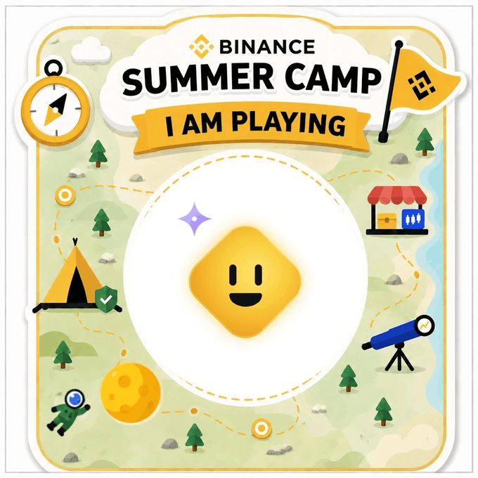 A Binance 'Summer Camp: I AM PLAYING' promotional graphic featuring a yellow rounded square avatar in the center surrounded by camping-themed illustrations like tents, trees, and a telescope.