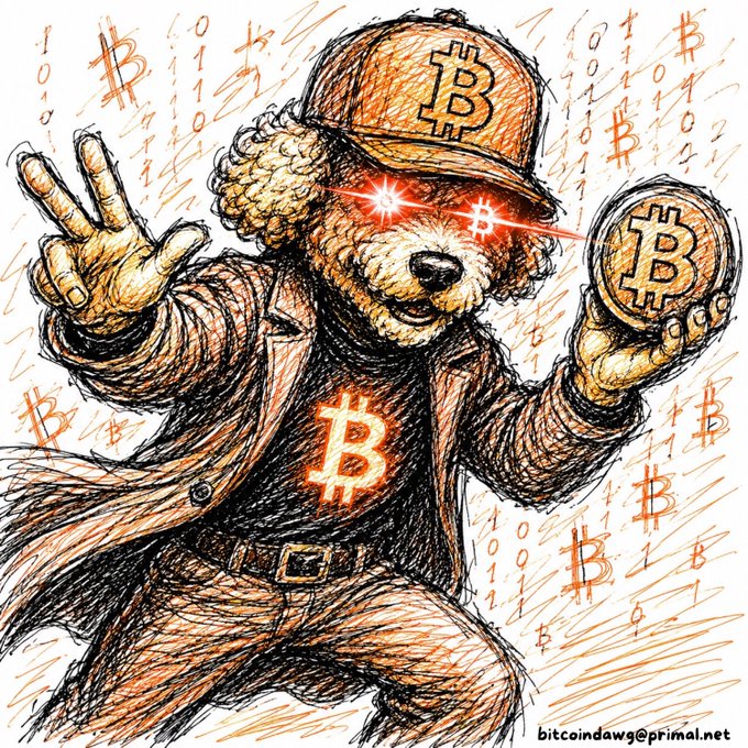 A hand-drawn illustration of a bear character with glowing red laser eyes wearing a cap and clothing branded with the Bitcoin 'B' logo, holding a Bitcoin coin, with 'bitcoindawg@primal.net' in the bottom right corner.
