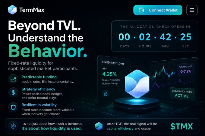 A website screenshot for 'TermMax' with the tagline 'Beyond TVL. Understand the Behavior,' featuring a countdown timer for an allocation check and a $TMX ticker.