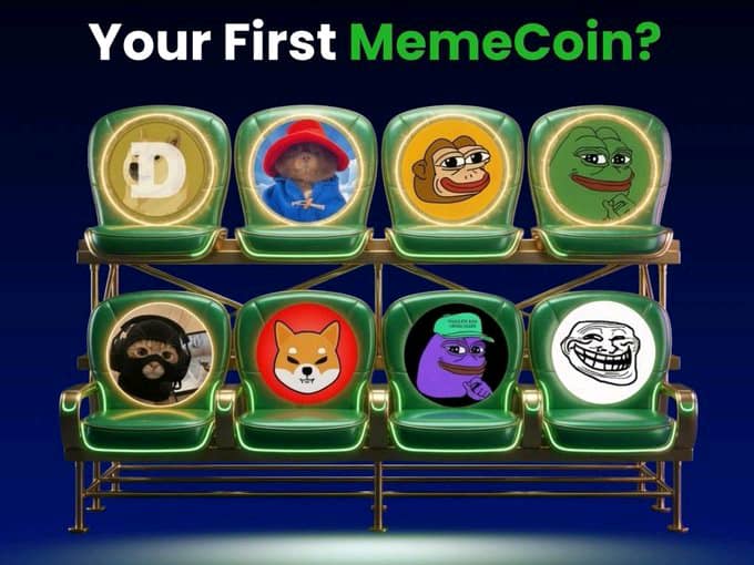 An advertisement graphic reading 'Your First MemeCoin?' featuring eight famous meme characters (Dogecoin, Paddington, Bored Ape, Pepe, etc.) displayed on illuminated stadium-style chairs.