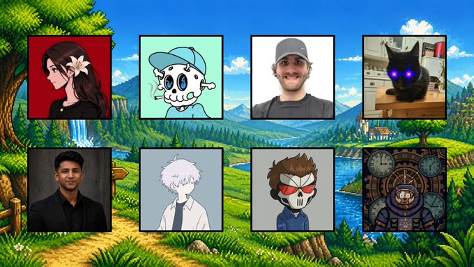 A grid of eight profile pictures displayed over a pixel art landscape background, featuring a mix of illustrated characters and photos of people.